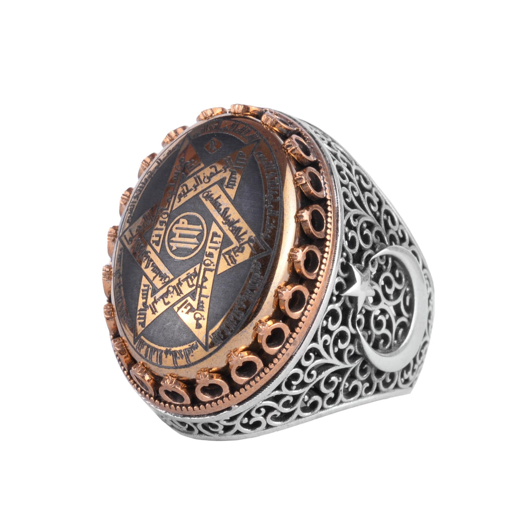 KAMBO Hematite Stone Star of David Men's Ring – Crescent Moon Star Detail and Bronze Framed 925 Sterling Silver Oval Seal Ring – Handmade Statement Jewelry