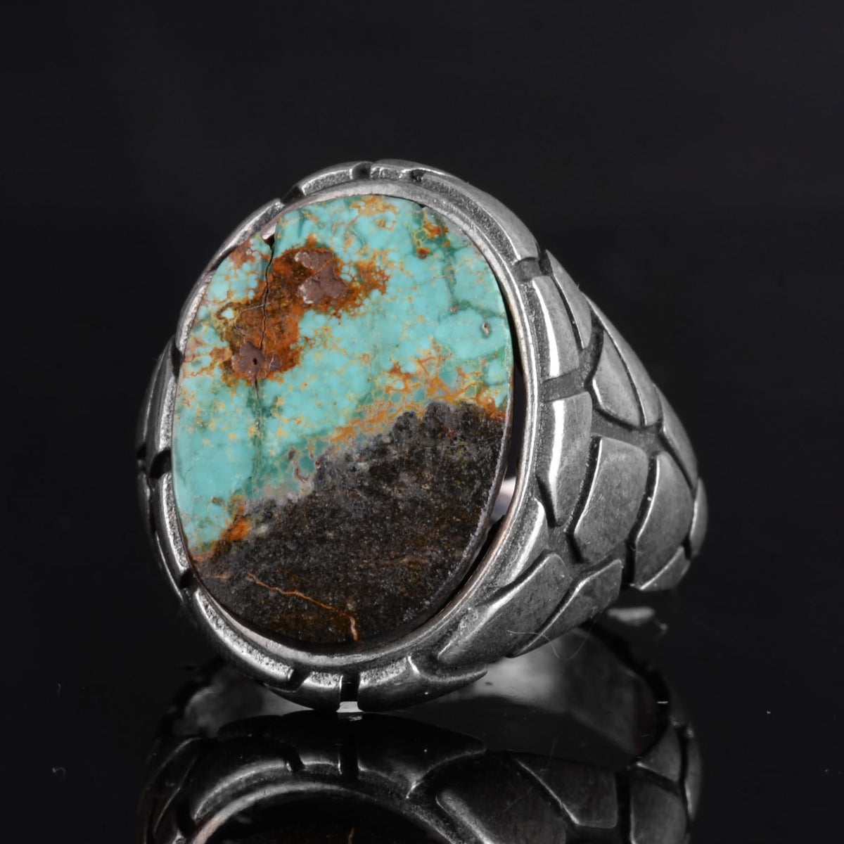 KAMBO Natural Turquoise Stone Ring - Snake Skin Pattern 925 Sterling Silver Men's Ring (Style-3) — 6