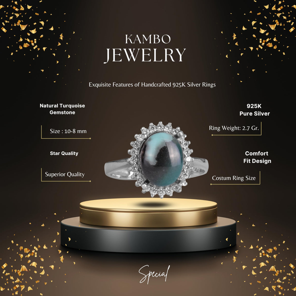 KAMBO 925 Sterling Silver Natural Turquoise Stone Women's Ring – Elegant Halo Design Jewelry — 2