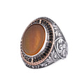 Men's Natural Stone Large Ring – Oval Stone Vintage Byzantine Engraved Statement Ring - Antique Filigree 925 Sterling Silver Jewelry (Arabic Calligraphy Yemen Agate)