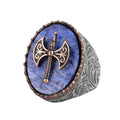 KAMBO Natural Stone 925 Sterling Silver Men's Ring – Large Oval Stone Symbolic Statement Ring (Lapis Lazuli-2)