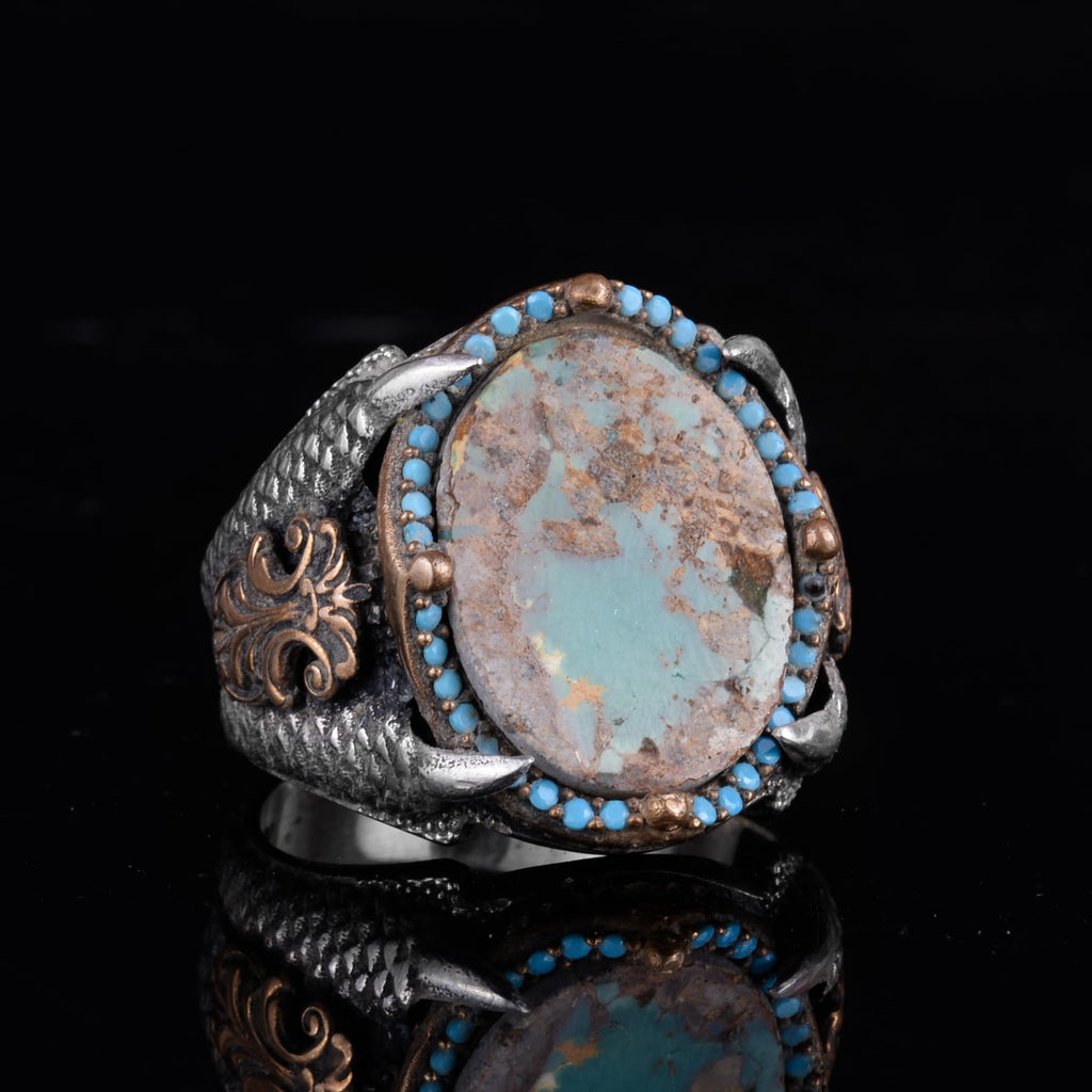 KAMBO Raw Turquoise Oval Stone Claw Setting – Bronze Detailed Silver Artisan Men's Expression Accessory (E) — 6