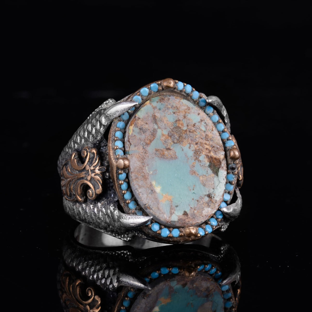 KAMBO Raw Turquoise Oval Stone Claw Setting – Bronze Detailed Silver Artisan Men's Expression Accessory (E) — 6