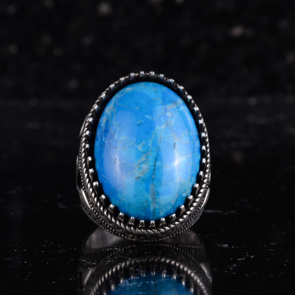 KAMBO Natural Turquoise Stone Ring 925 Sterling Silver Men's Ring Large Oval Stone Handmade Vintage Classic Design — 3