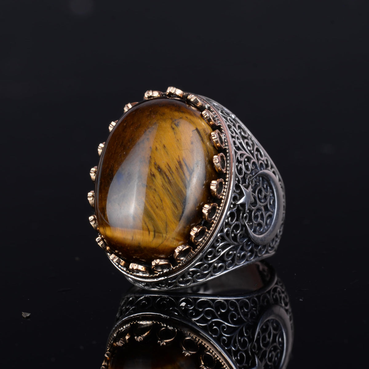 KAMBO 925 Sterling Silver Men's Natural Stone Ring - Moon and Star Design - Handmade Vintage Jewelry (Tiger's Eye) — 7