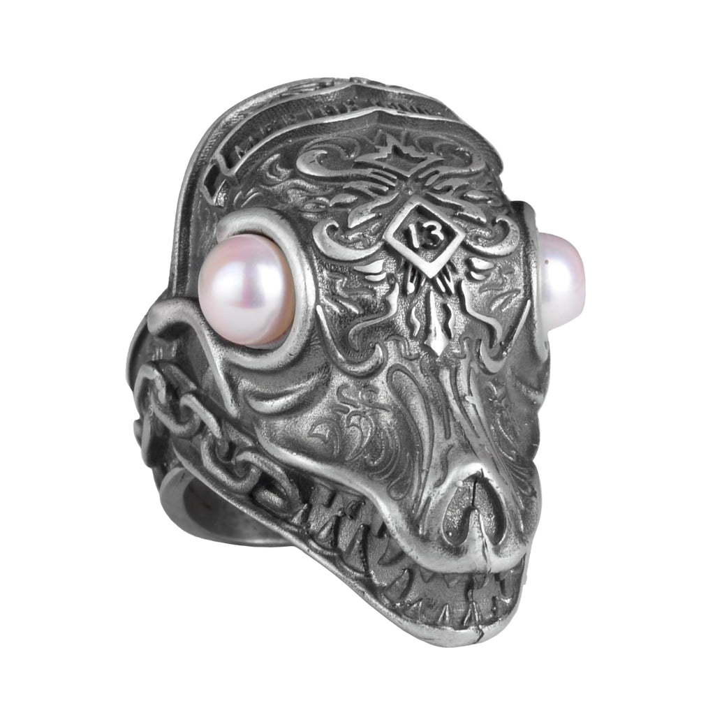 KAMBO Natural Stone Dragon Large Ring - Men's 925 Sterling Silver Gothic Handmade Statement Jewelry (Pearl)