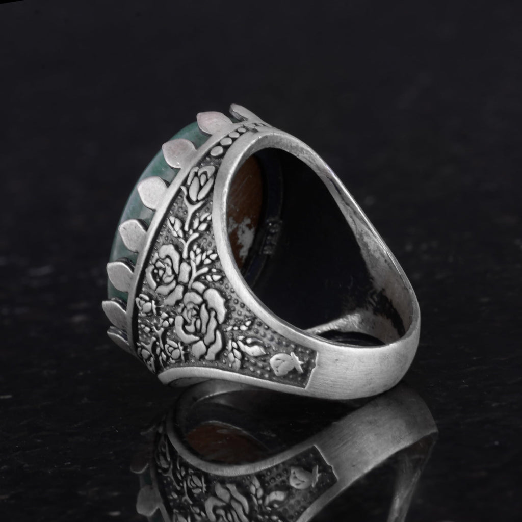Natural Stone Ring - Rose Pattern - 925 Sterling Silver - Handmade Large Ring (Aventurine) — 7