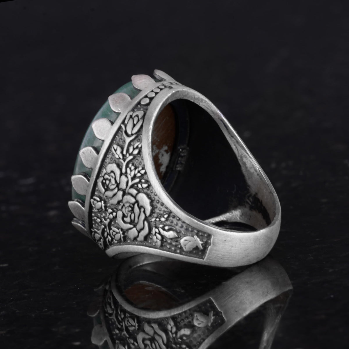 Natural Stone Ring - Rose Pattern - 925 Sterling Silver - Handmade Large Ring (Aventurine) — 7