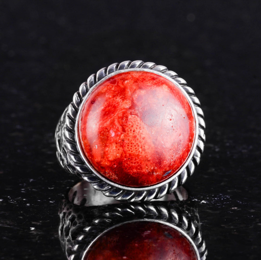 Natural Stone Ring - 925 Sterling Silver Men's Ring with Red Coral — 3