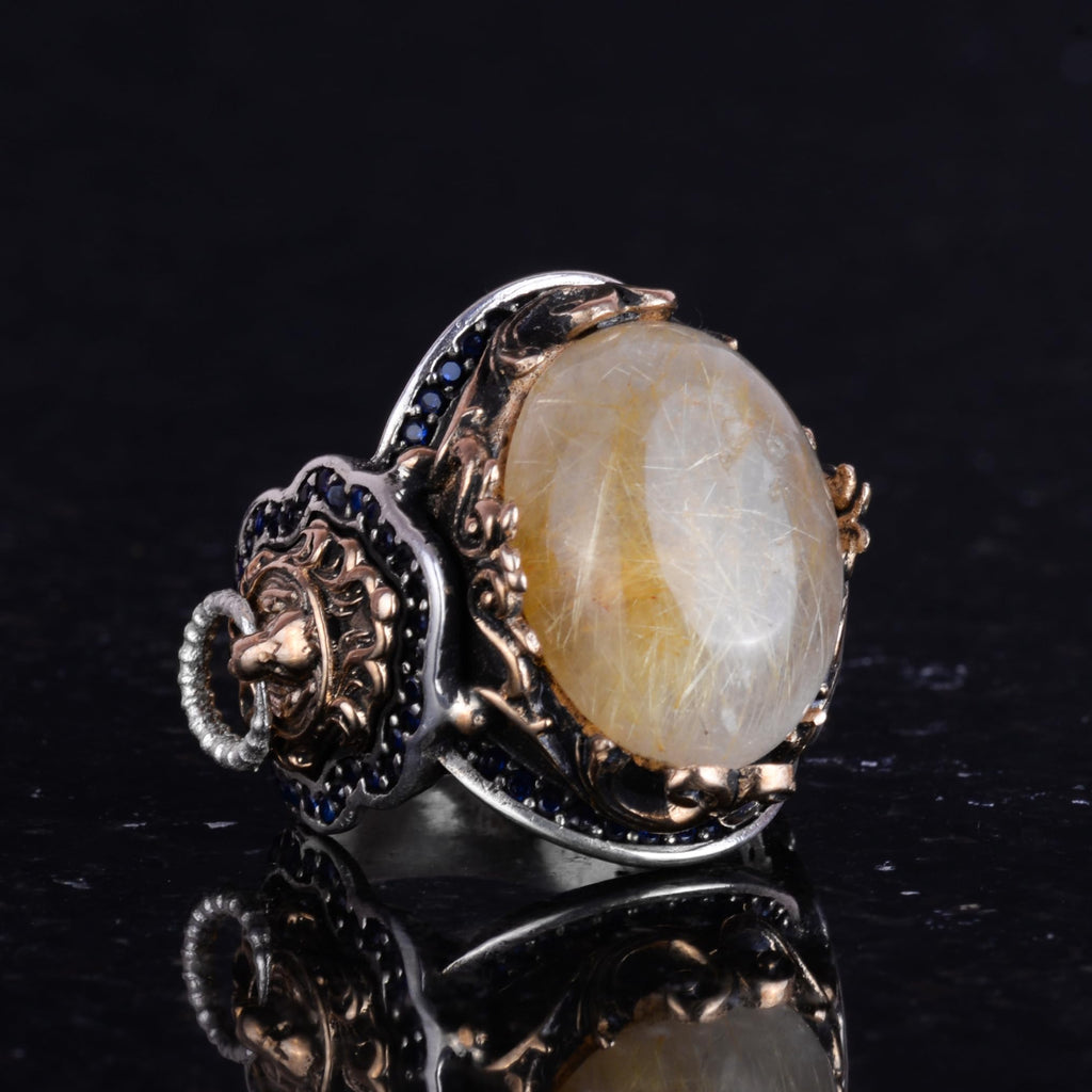 Natural Cabochon Gold Rutile Quartz Stone Ring - 925 Sterling Silver Men's Ring — 5