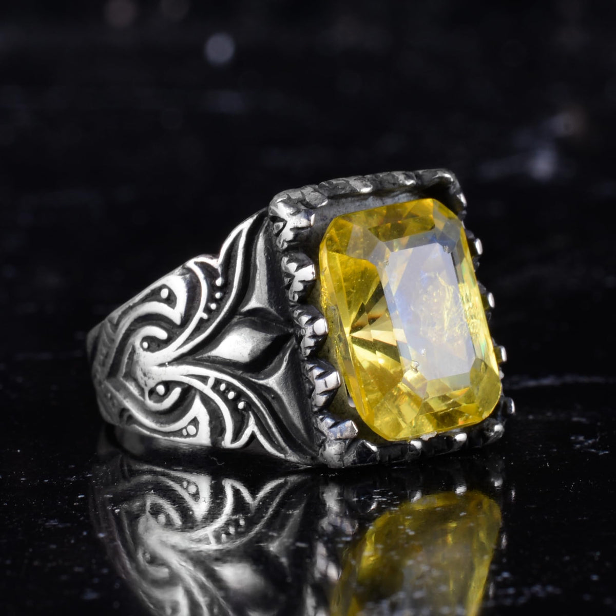 KAMBO Certified Natural Yellow Sapphire Stone Men's Ring 925 Sterling Silver – Ottoman Style Embroidered Designed Rectangular Sapphire Ring — 4