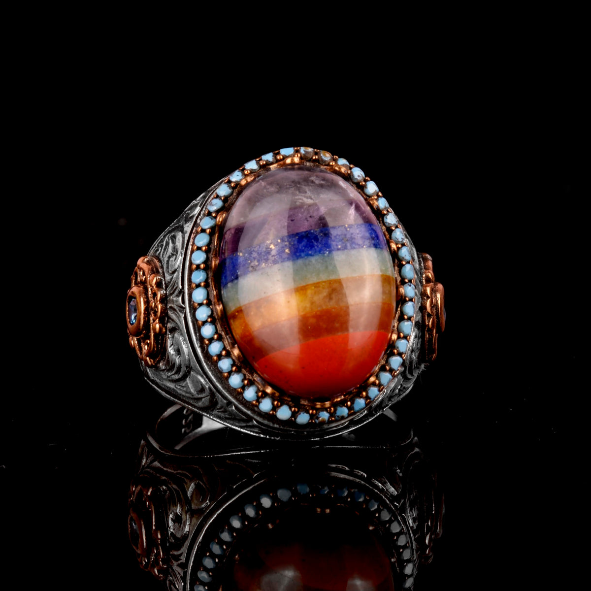 Natural Silver Men's Ring, Rainbow Stone Ring, Multi-Color Ring, 925 Sterling Silver Men's Ring — 2