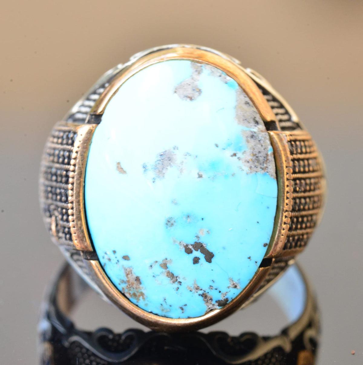 Natural Arizona Turquoise Stone Silver Men's Ring — 4