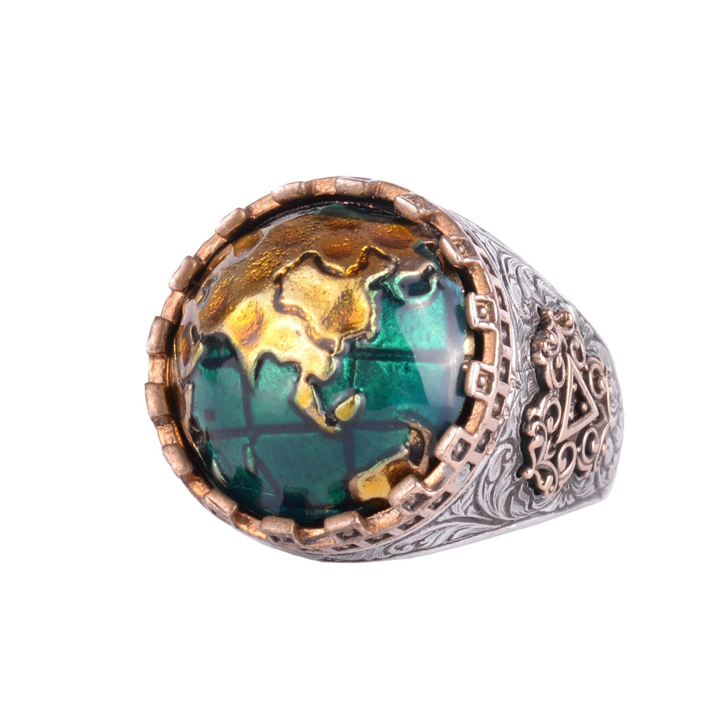 KAMBO 925 Sterling Silver World Map Designed Men's Ring Bronze Details Handmade Green Stone Statement Ring