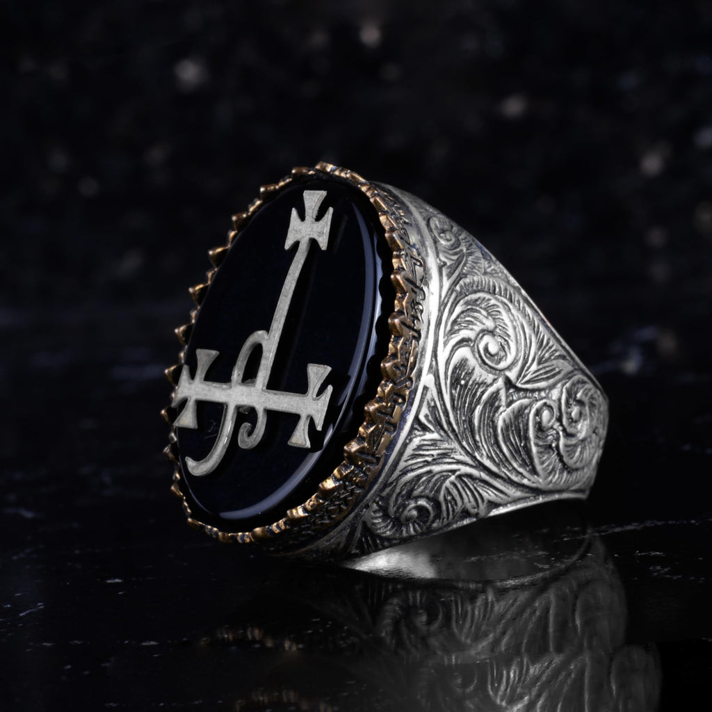 KAMBO Natural Stone 925 Sterling Silver Men's Ring – Large Oval Stone Symbolic Statement Ring (Onyx-1) — 5