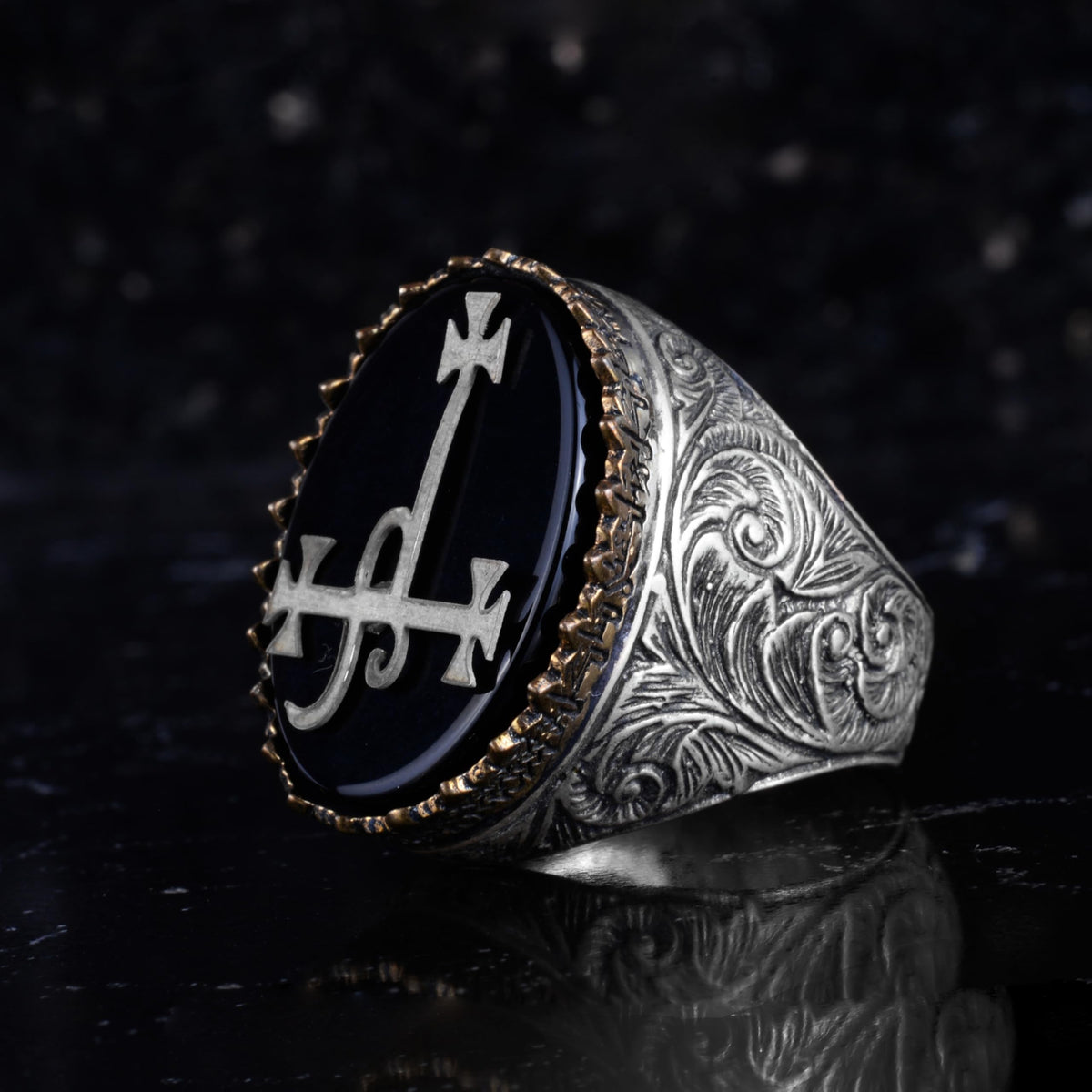 KAMBO Natural Stone 925 Sterling Silver Men's Ring – Large Oval Stone Symbolic Statement Ring (Onyx-1) — 5