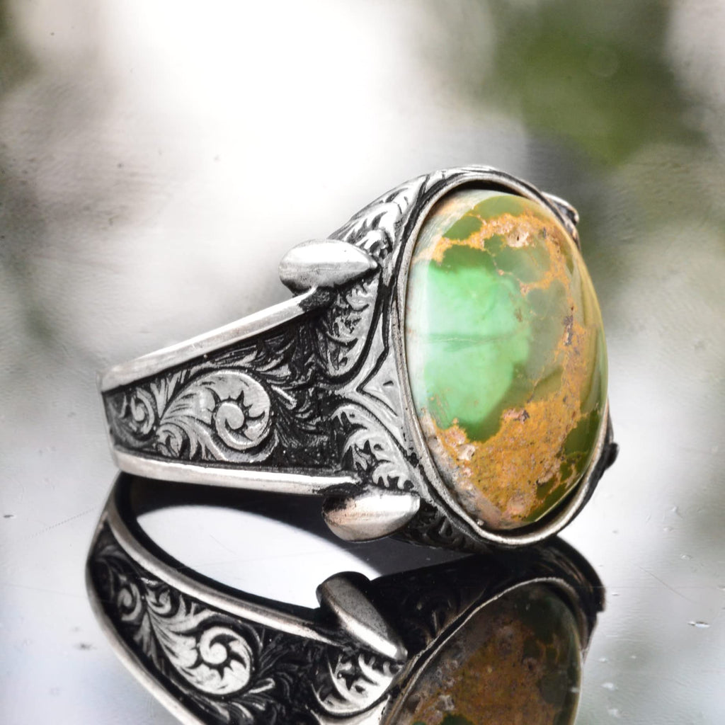 KAMBO Men's Handmade Turquoise Gemstone Ring in 925 Sterling Silver, Classic Vintage Style-3 Design, Statement Healing C