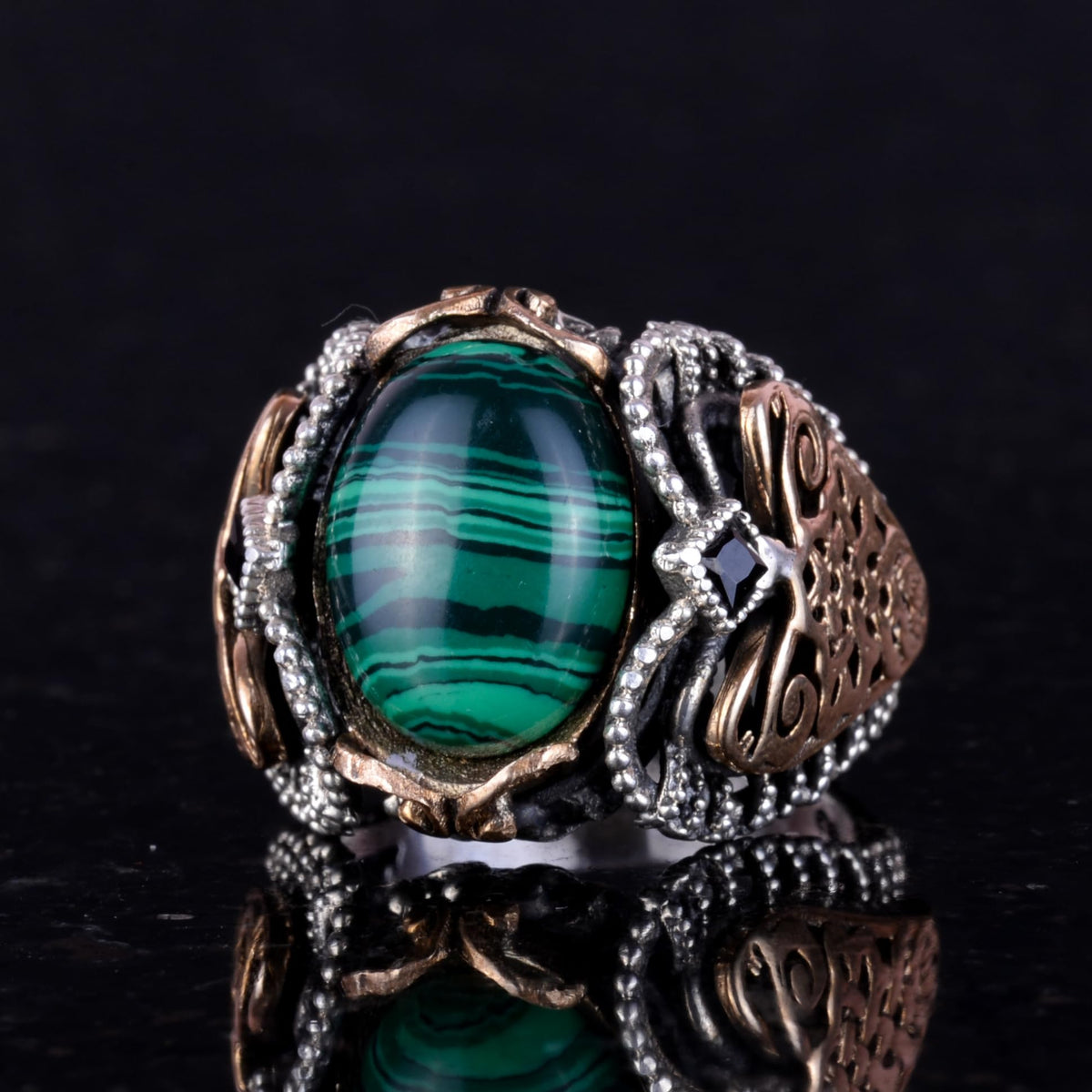 Natural Malachite Stone Ring, 925 Sterling Silver Men's Ring — 6