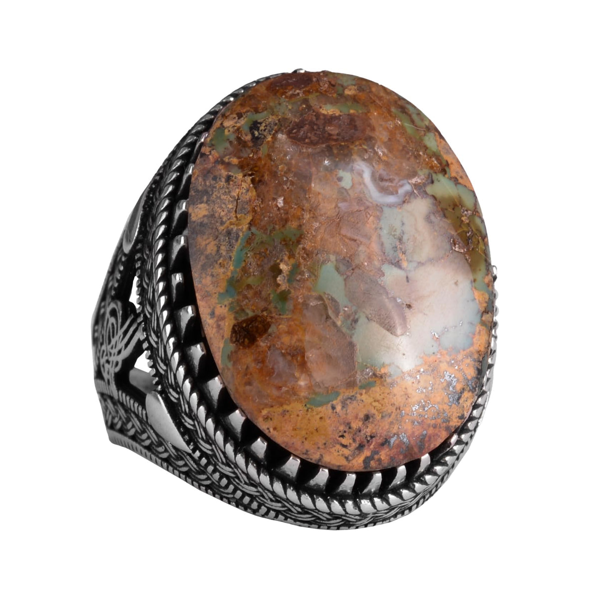 KAMBO Ottoman Tugra Design Natural Turquoise Stone Ring - 925 Sterling Silver Handmade Men's Ring (Style-1)