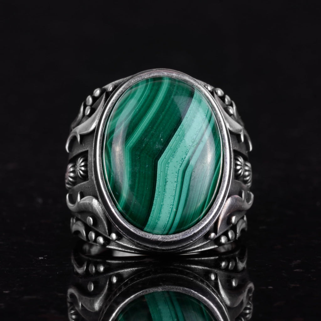 Natural Malachite Stone Ring, 925 Sterling Silver Men's Ring (Model-2) — 4