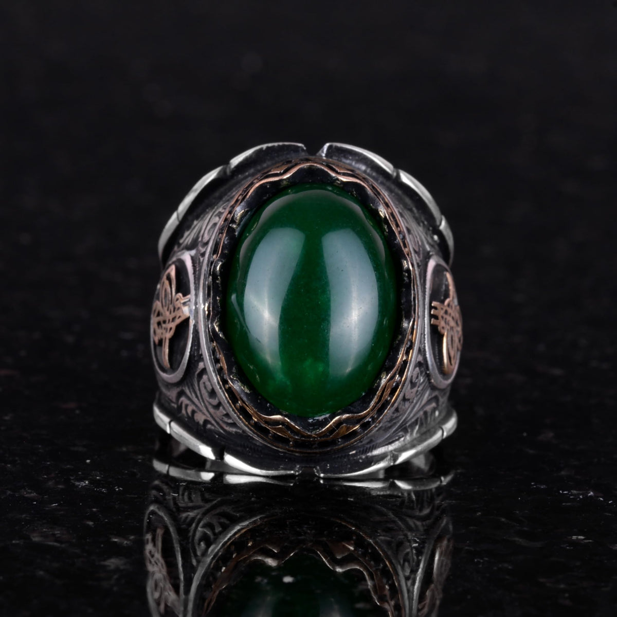 Natural Jade Ring, Ottoman Monogram Silver Ring — 3