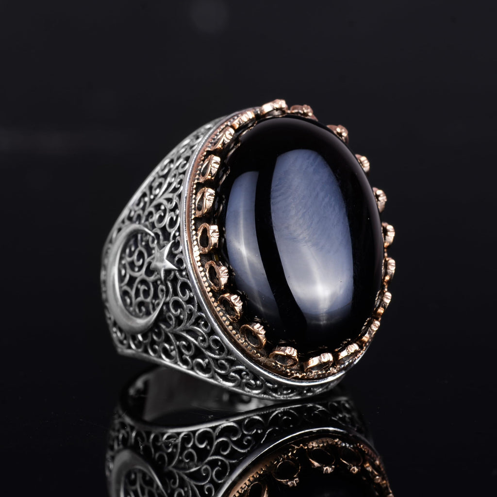 KAMBO 925 Sterling Silver Men's Natural Stone Ring - Moon and Star Design - Handmade Vintage Jewelry (Onyx) — 5