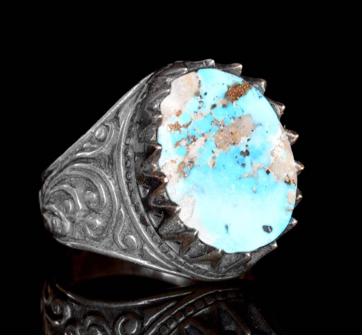 Natural Arizona Turquoise Stone, Silver Men's Ring — 3