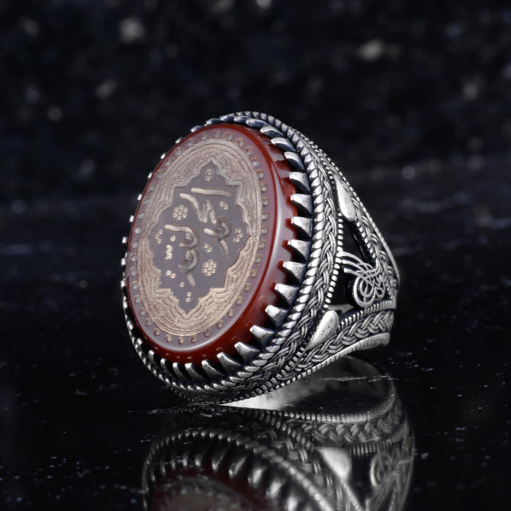 KAMBO Natural Agate Engraved Ottoman Tugra Style Seal Ring 925 Sterling Silver Large Men's Ring Oval Red Stone Handmade Vintage Design (Arabic Calligraphy) — 5
