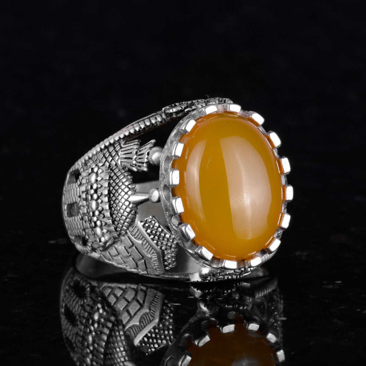 Natural Yellow Agate Stone Ring, 925 Sterling Silver Islamic Ring — 3