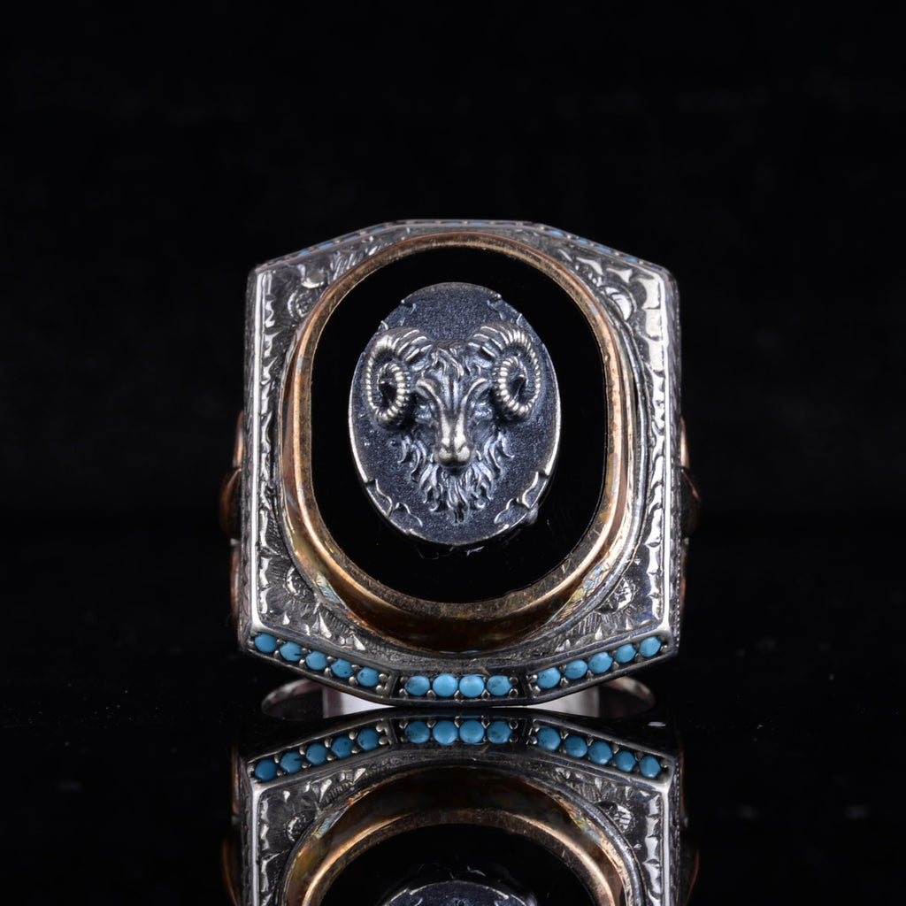 Black Designed Stone Men's Large Ring – 925 Sterling Silver Vintage Design Statement Ring (Ram) — 4