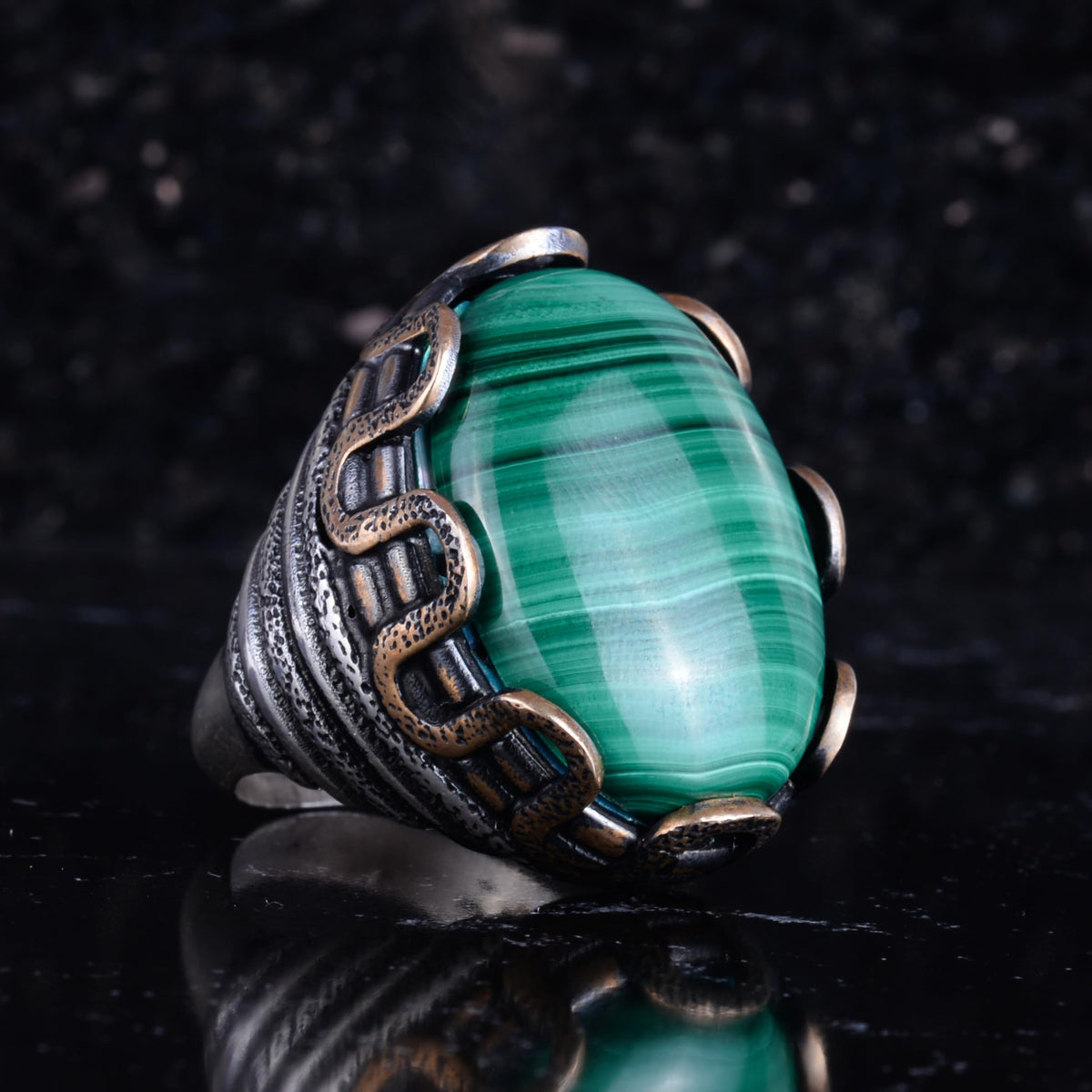 KAMBO Natural Malachite Stone Large Men's Ring – Green Band Malachite Oval Stone – 925 Sterling Silver Handmade Statement Ring – Vintage Ottoman Style Men's Jewelry — 5
