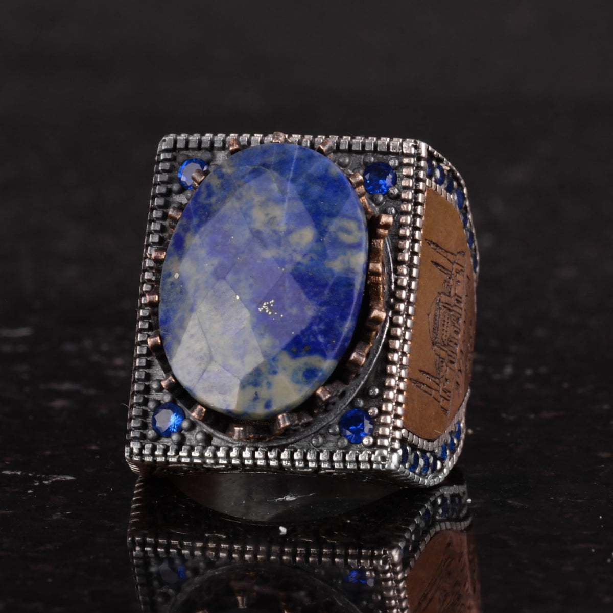 Natural Sodalite Stone Ring - 925 Sterling Silver Islamic Ring - Handmade Calligraphy Ring — 6