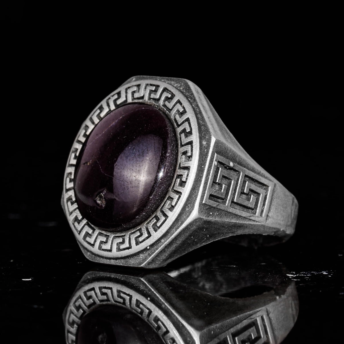 925 Sterling Silver Ring - Natural Star Garnet Stone - Greek Pattern — 5
