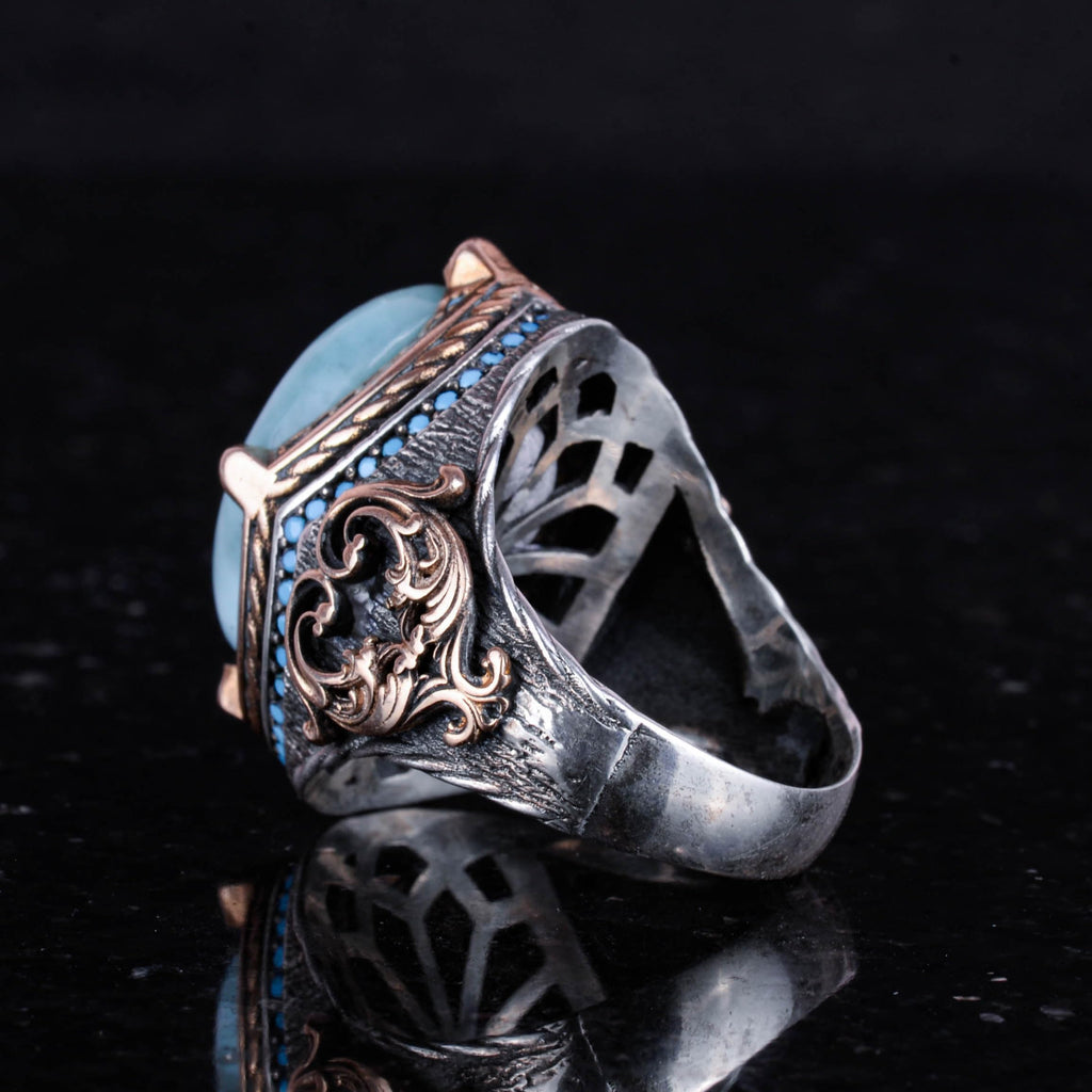 925 Sterling Silver Ring, Handmade Vintage Men's Statement Ring with Natural Larimar Stone — 7