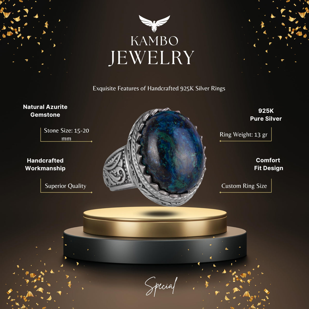 Handmade Natural Azurite Stone Ring - 925 Sterling Silver Men's Ring — 2