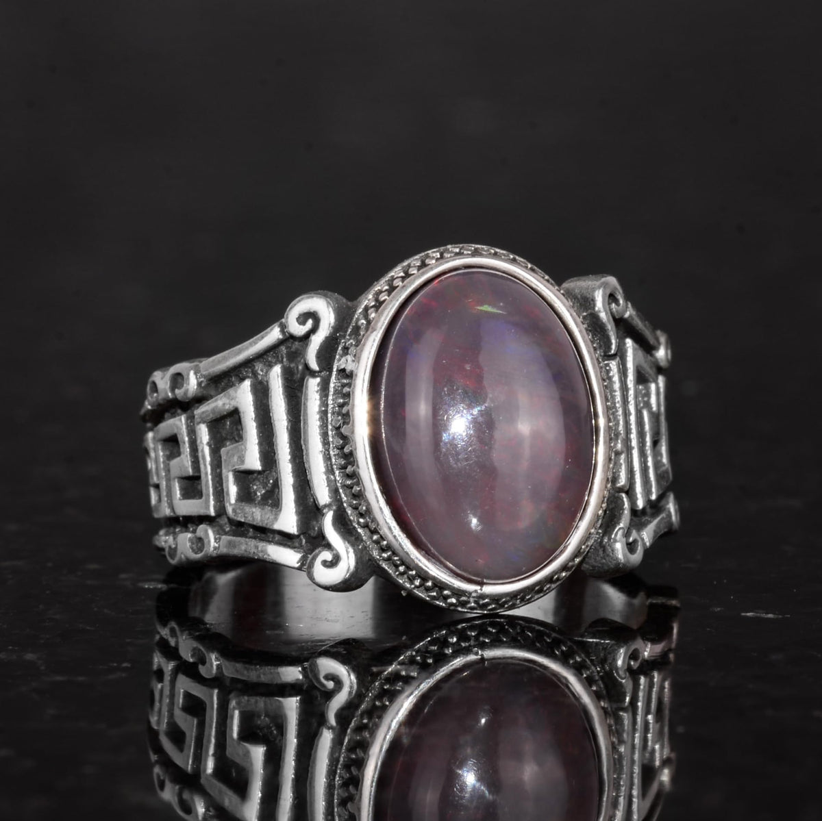 Handmade 925 Sterling Silver Men's Ring with Natural Ethiopian Opal Stone - Labyrinth Design — 5