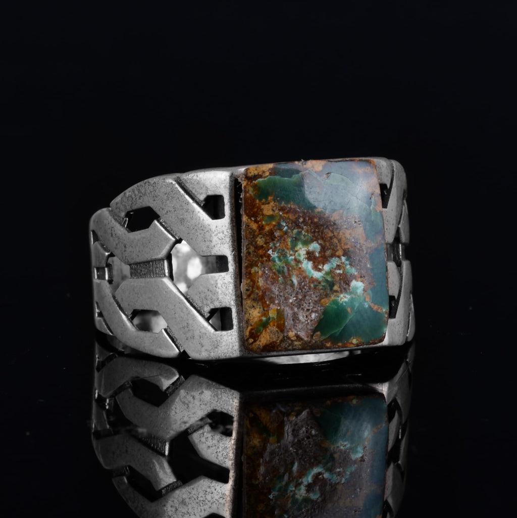 KAMBO Natural Turquoise Stone Rectangular Men's Ring – 925 Sterling Silver Handmade Geometric Design Ring (Turquoise-3) — 5