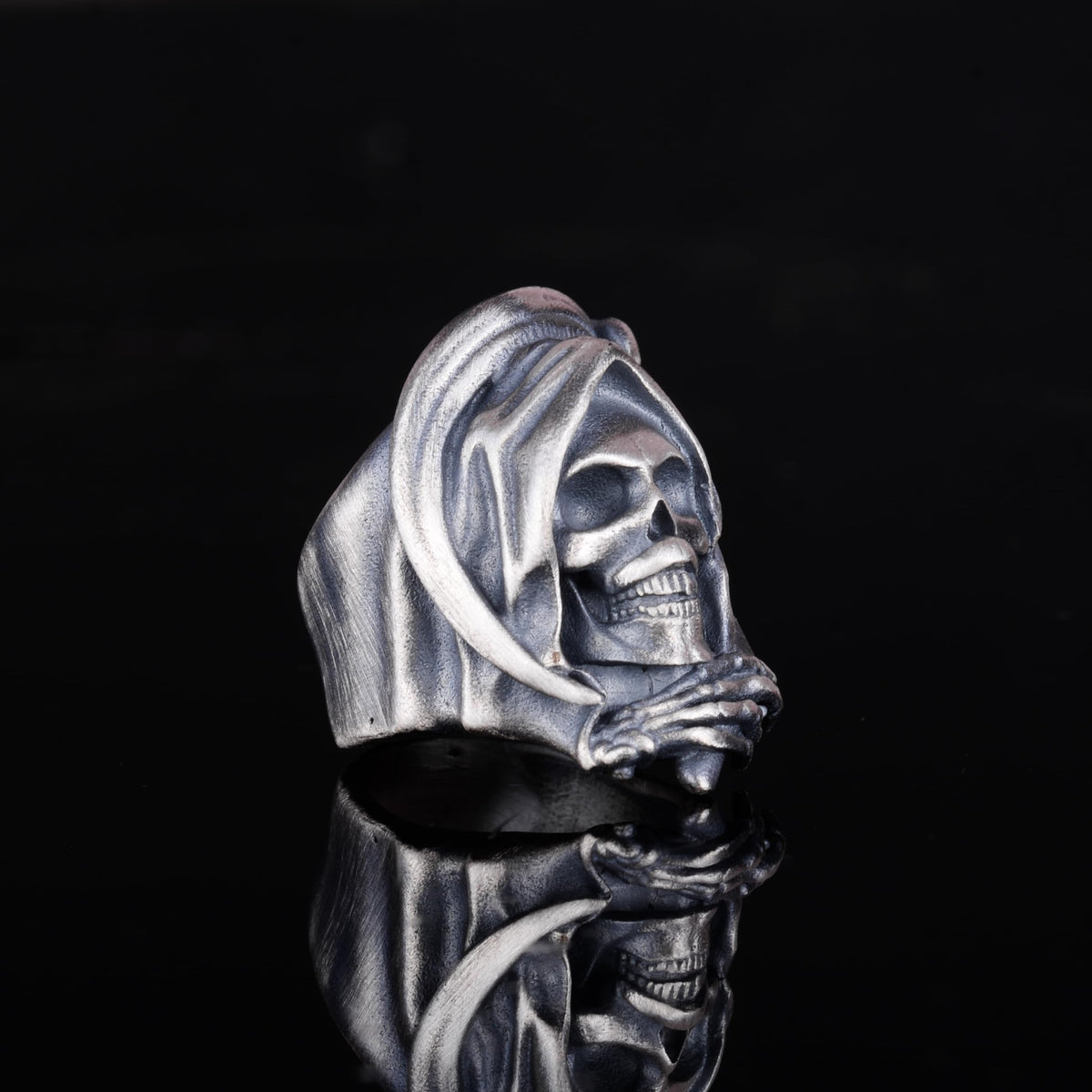 KAMBO 925 Sterling Silver Death Angel Skull Ring – Gothic Men's Silver Ring – Handmade Biker Jewelry – Skeleton Hooded Design (Silver) — 6