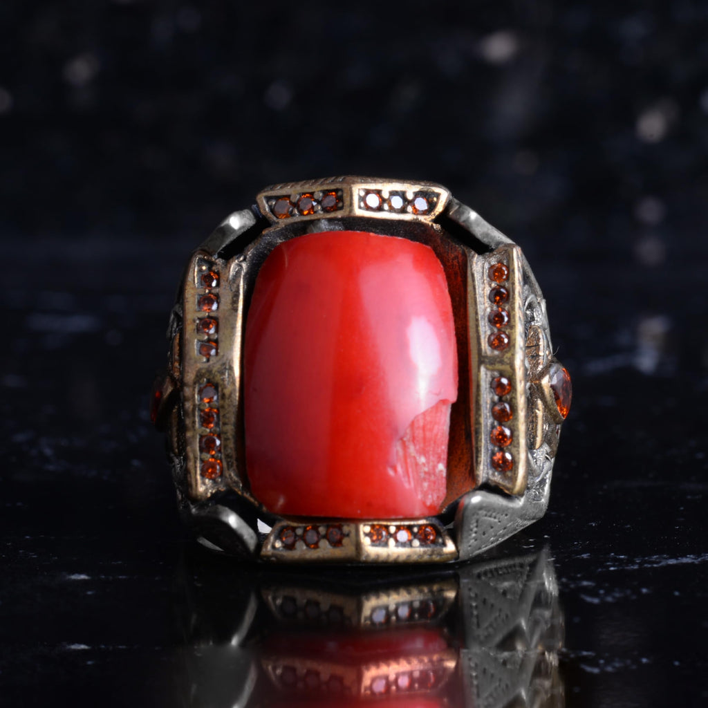 KAMBO Natural Coral Stone Men's Ring 925 Sterling Silver - Red Accent Stone Bronze Detail Statement Ring Handmade Jewelry — 4