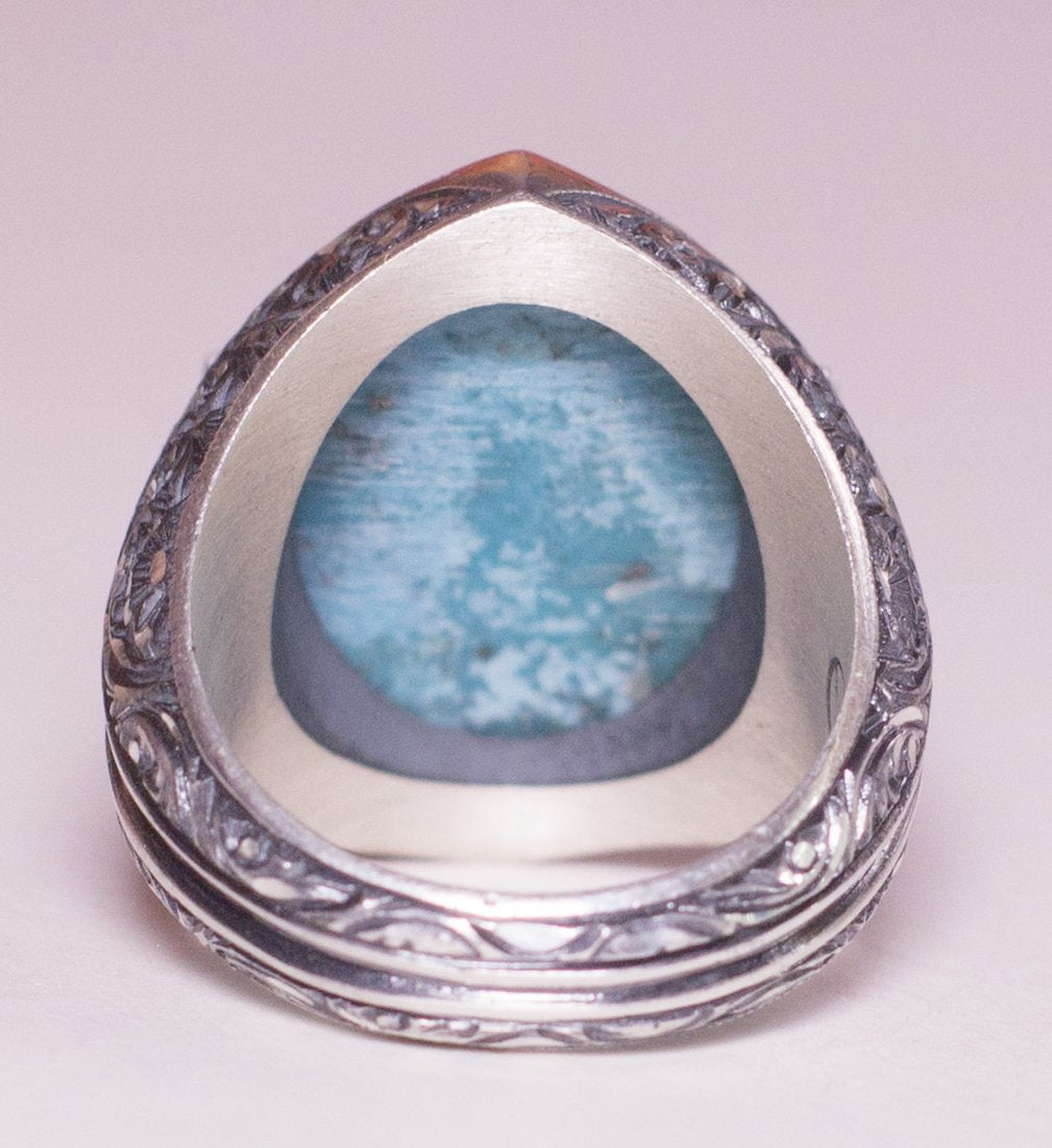 KAMBO Handmade Turquoise Men's Ring 925 Sterling Silver Tulip Design Vintage Statement Gemstone Jewelry Engagement Gift 