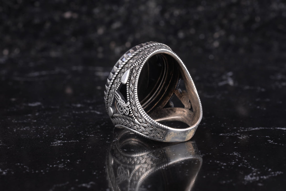 KAMBO Natural Hematite Stone Ring – 925 Sterling Silver Ottoman Tugra Design – Islamic Men's Statement Ring (Allah Arabic Calligraphy) — 8