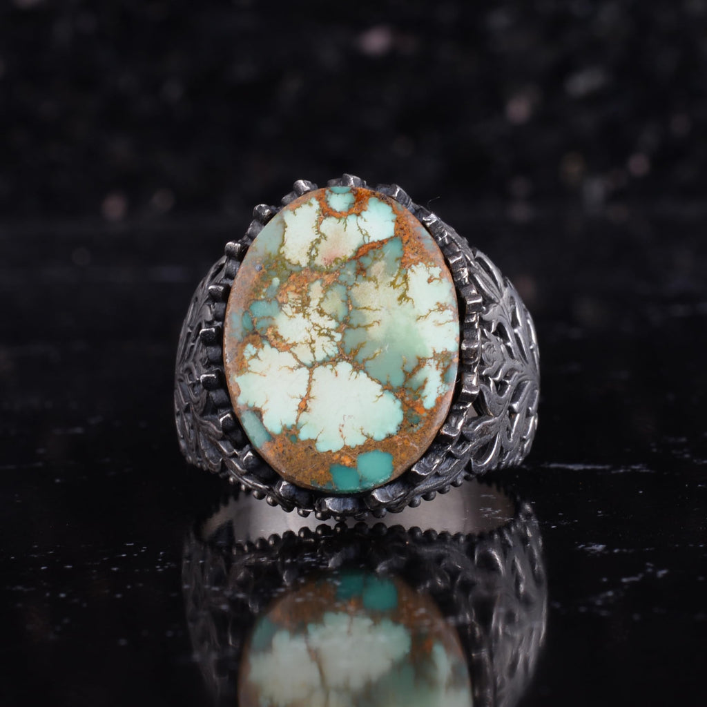 KAMBO Natural Turquoise Stone Men's Ring 925 Sterling Silver Oval Handmade Vintage Style Statement Ring (Turquoise-1) — 4