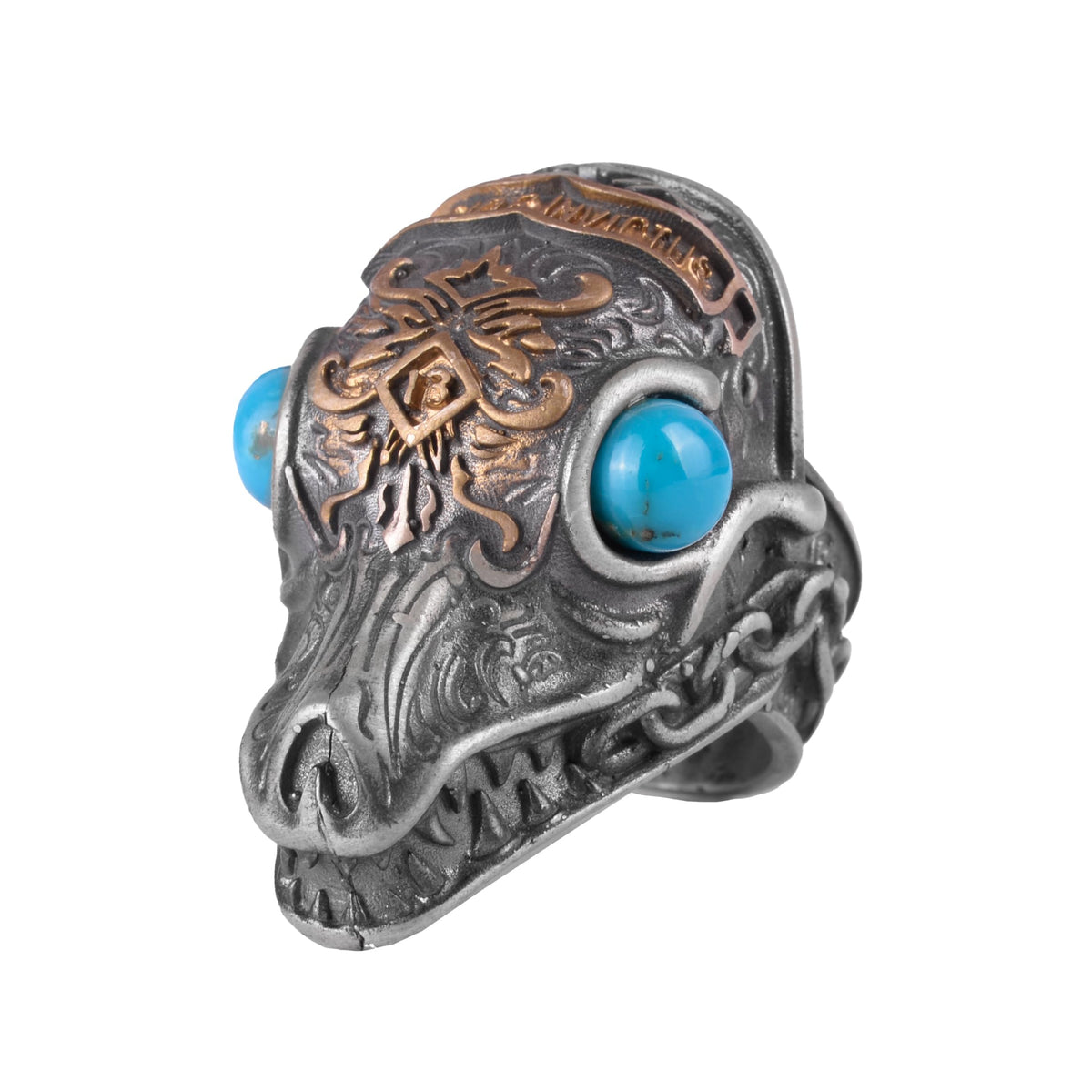 KAMBO 925 Sterling Silver Gold Plated Natural Stone Men's Dragon Ring – Large Statement Ring (Turquoise)