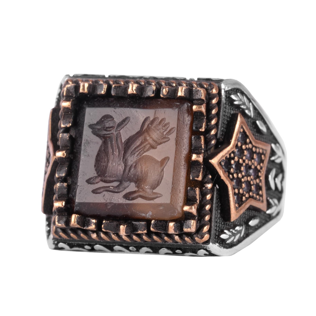 KAMBO Natural Agate Stone Men's Ring – Star Side Designed 925 Sterling Silver Square Motif Ring (Rabbit Engraved)