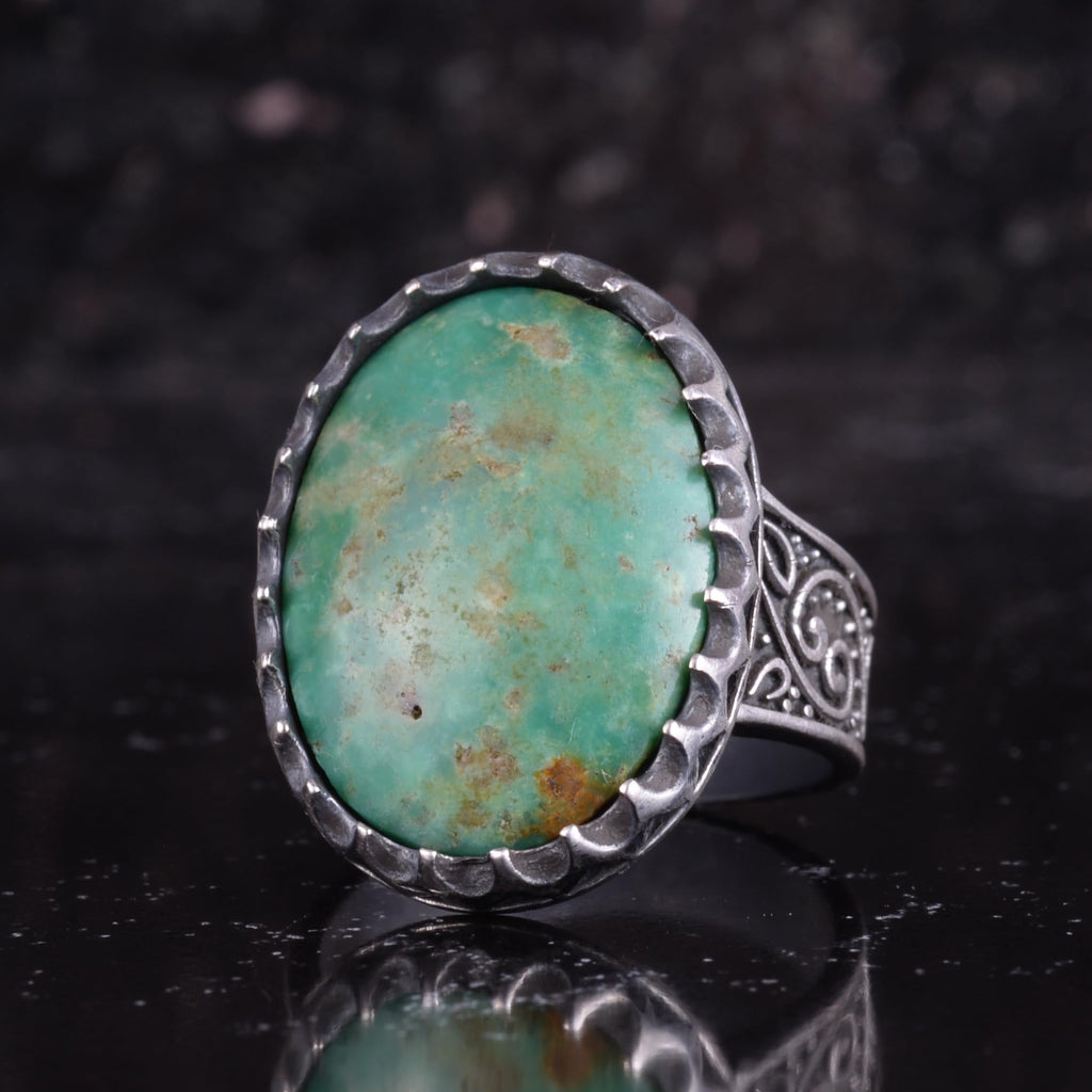 KAMBO Natural Turquoise Stone Men's Ring 925 Sterling Silver Oval Large Ring Handmade Vintage Ottoman Style Ring — 5