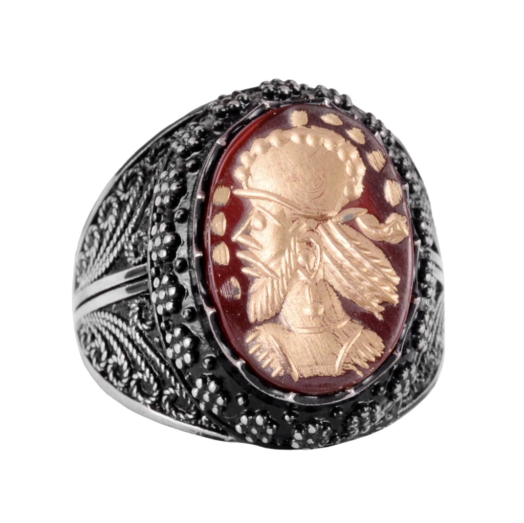 Natural Agate Stone Shaman Ring - Carved Native American Chief Ring, 925 Sterling Silver Men's Ring