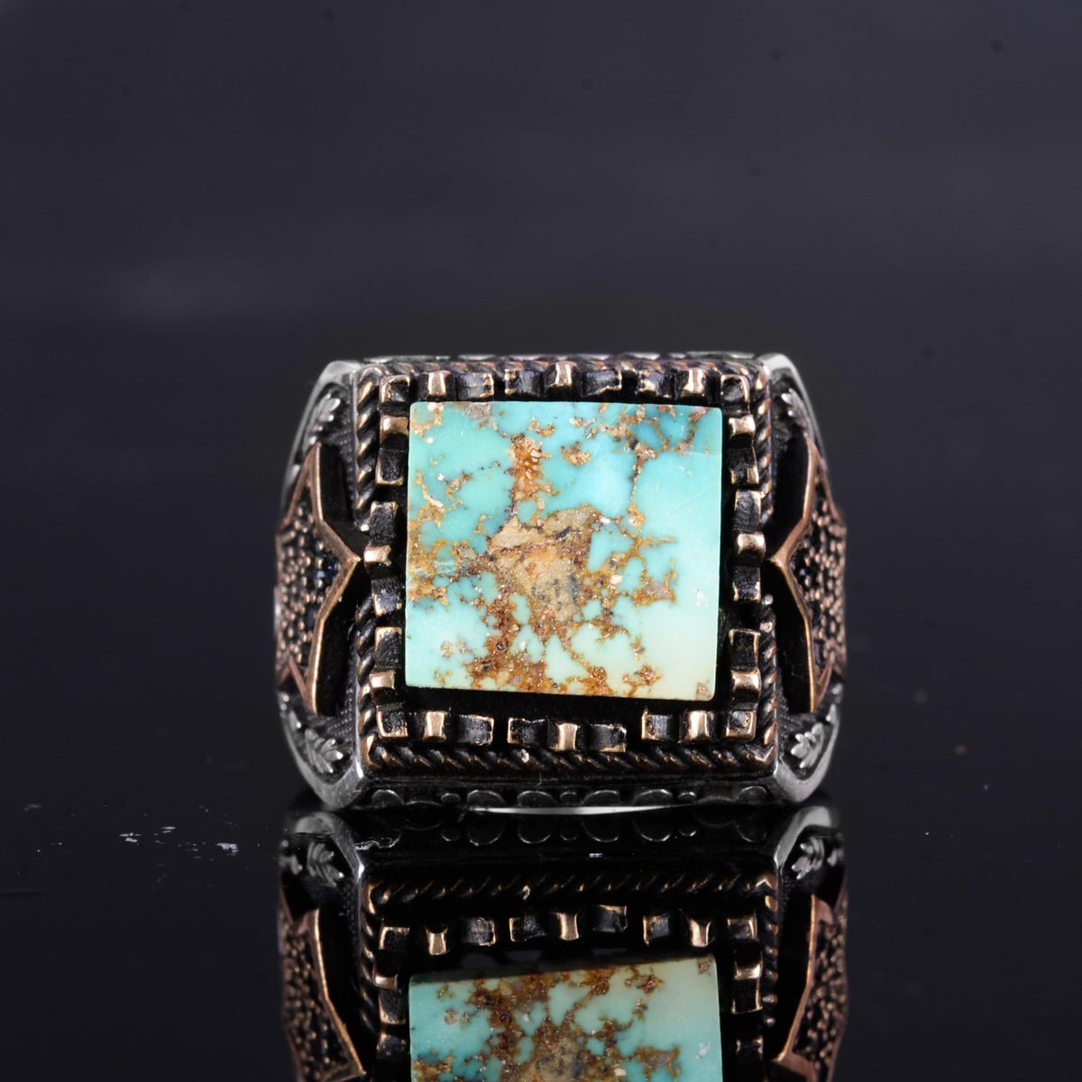 KAMBO Natural Stone Men's Ring – 925 Sterling Silver Star Motif Square Cut Ring (Turquoise) — 4