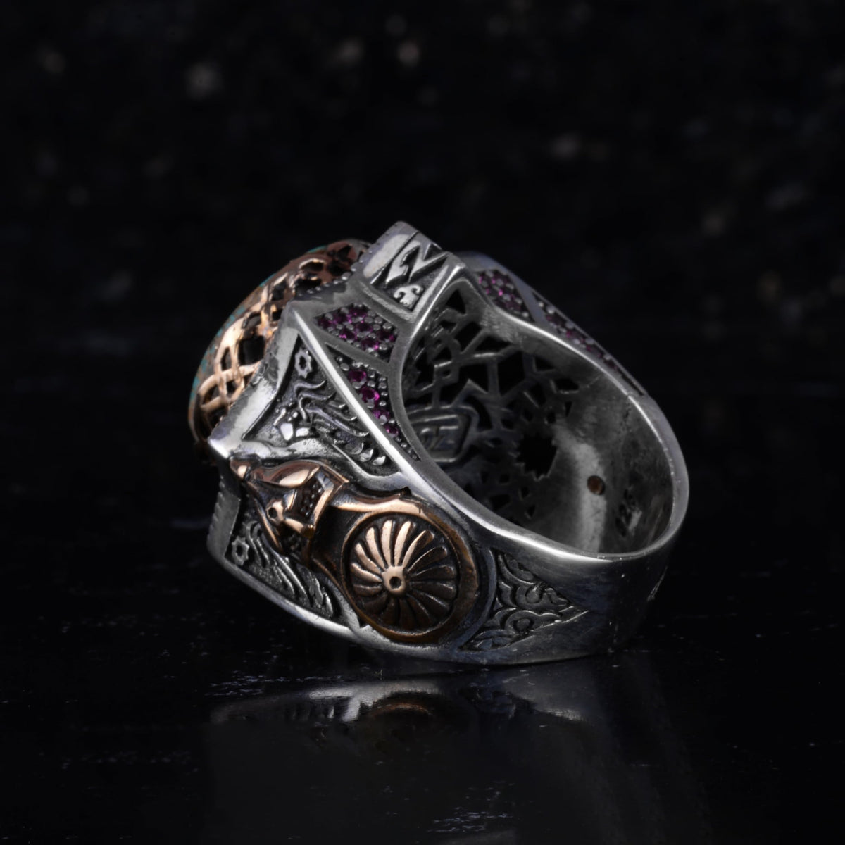 KAMBO Natural Turquoise Star Men's Ring – 925 Sterling Silver Handmade Large Statement Ring with Bronze Details — 7