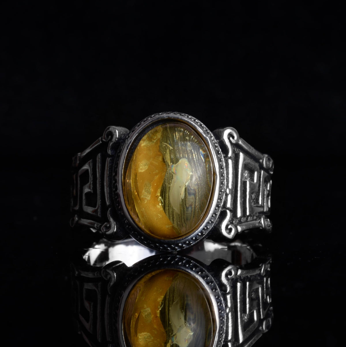 KAMBO Natural Amber Stone Men's Ring – 925 Sterling Silver Labyrinth Design Vintage Style Ring (Amber-2) — 3