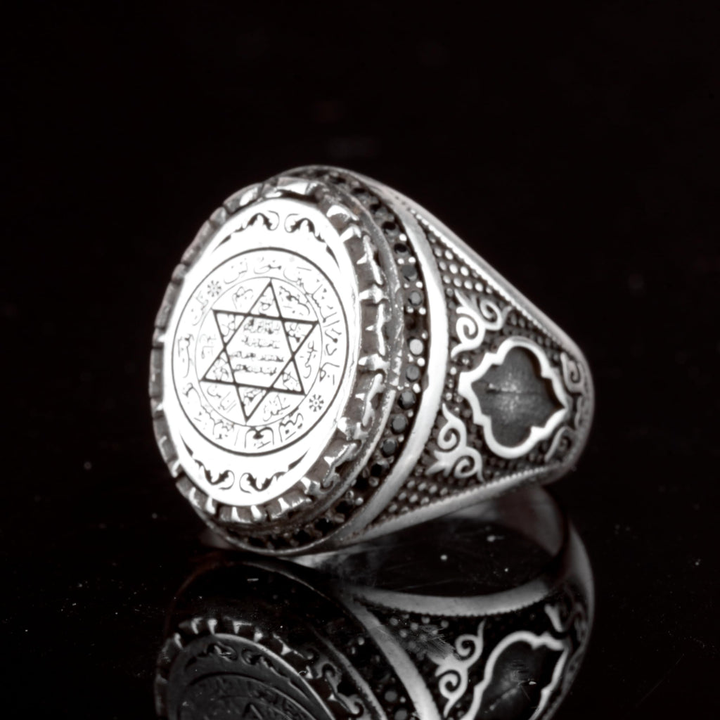 925 Sterling Silver Islamic Men's Ring - Solomon's Seal Carved Ring - Handmade Vintage Large Ring — 5